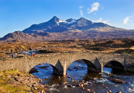 People Walking Across The Old Bridge At Sligachan On The Isle Of Skye Highlands And Islands Scotland Uk Gb Eu Europe